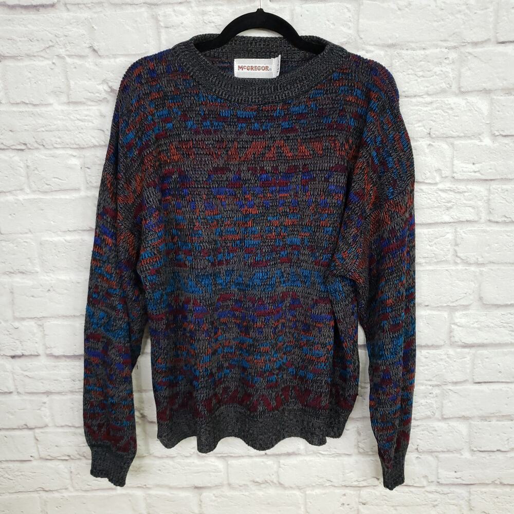 Vintage McGregor Gray Multicolor Geometric Knit Acrylic Sweater Korea Sz L
